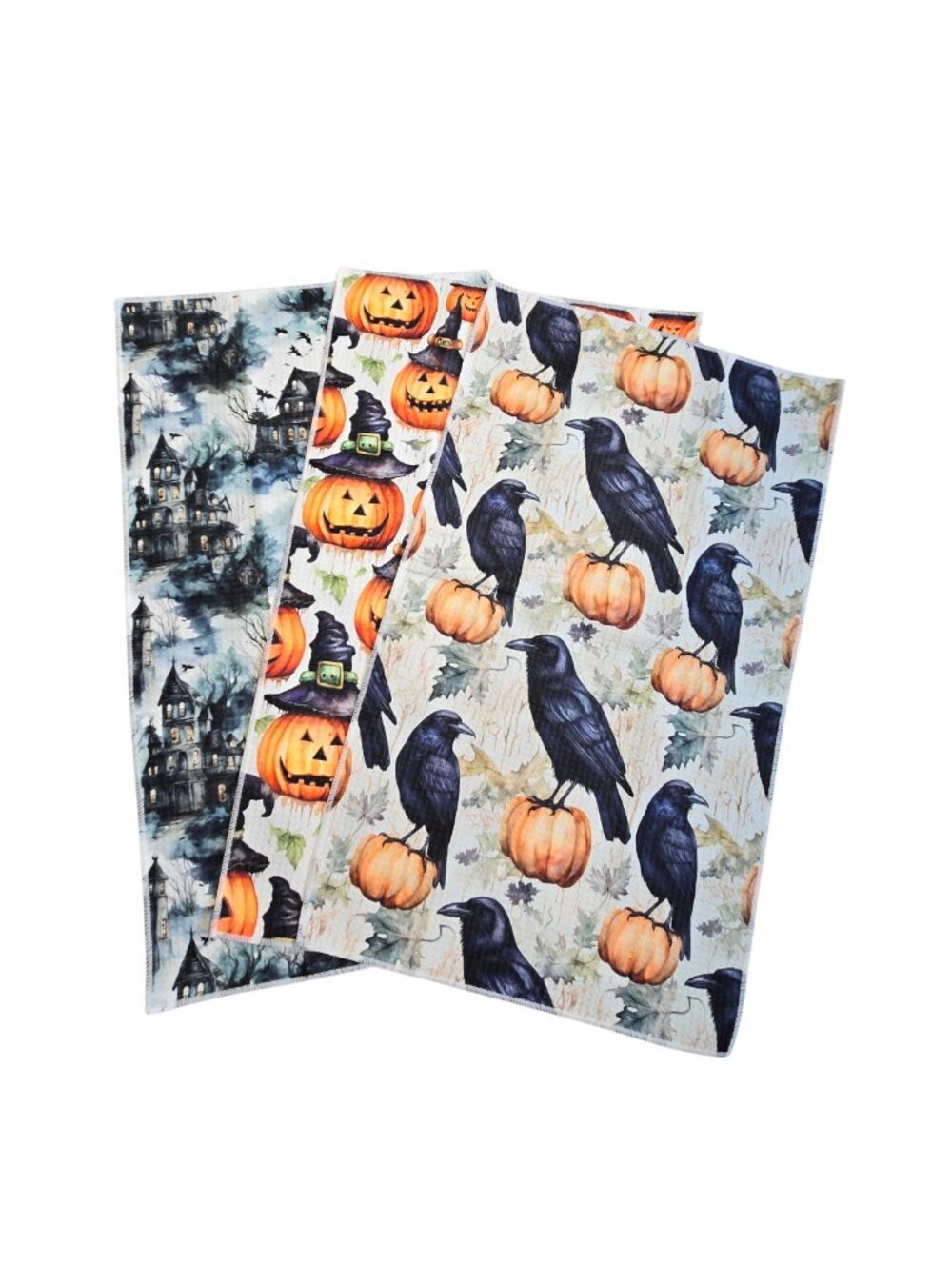 NIP Set of 3 Halloween Haunted House Witch Pumpkin Crow Dish Towels 14"x24"